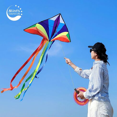 Mint's Colorful Life Rainbow Delta Kite for Kids & Adults, Easy to Fly Kite for Beginners, 300ft Kite Line Handle Included in Saudi Arabia