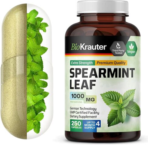 كبسولات النعناع 1000 مجم - 250 كبسولة شاي النعناع - مكمل نباتي للنعناع لصحة الجهاز الهضمي والجهاز التنفسي - مينثا سبيكاتا - بدون أغطية مستخلص النعناع in Kuwait