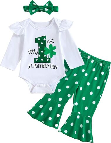 St Patricks Day Baby Girl Outfit My First Patrick'S Day Romper Clover Pants with Headband Set 0-18 Months in Saudi Arabia
