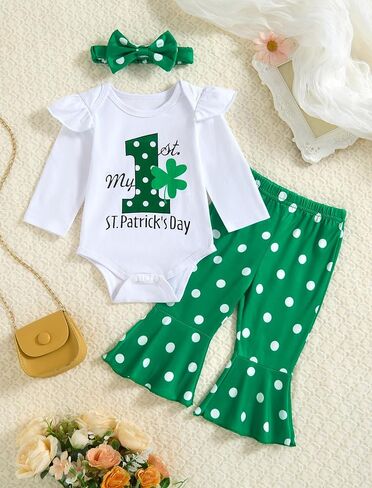 St Patricks Day Baby Girl Outfit My First Patrick'S Day Romper Clover Pants with Headband Set 0-18 Months in Saudi Arabia