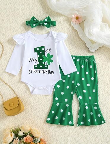 St Patricks Day Baby Girl Outfit My First Patrick'S Day Romper Clover Pants with Headband Set 0-18 Months in Saudi Arabia
