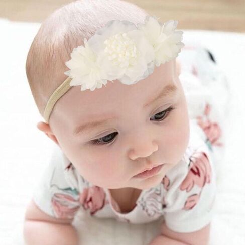 Stretchy Baby Girl Flower Headbands Elastic Nylon Floral Hairbands Bows Wrap for Newborn Toddler Infant Hair Accessories (White, Standard Small) in Saudi Arabia