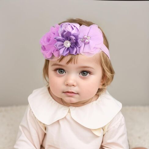 Baby Girls Rose Flower Headband Crystal Crown Fabric Flower Elastic Toddler HairBands Birthday Party Princess Hair Accessoties for Newborn Infant (Purple B, Standard Small) in Kuwait