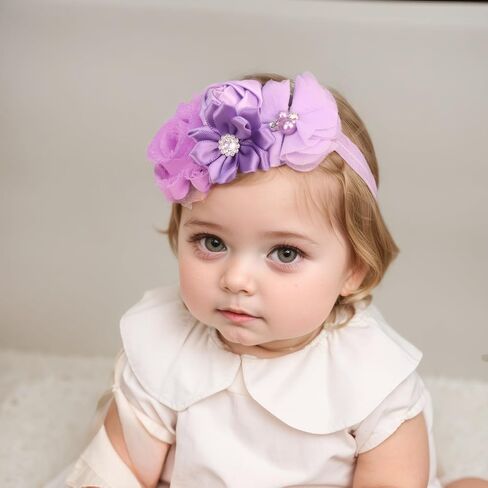 Baby Girls Rose Flower Headband Crystal Crown Fabric Flower Elastic Toddler HairBands Birthday Party Princess Hair Accessoties for Newborn Infant (Purple B, Standard Small) in Kuwait