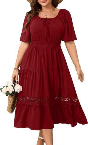 RWJ Women's Plus Size Maxi Dress Short Sleeve Square Neck Flowy A-Line Lace Trim Flutter Party Casual Off Shoulder Dresses in Saudi Arabia