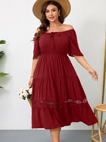 RWJ Women's Plus Size Maxi Dress Short Sleeve Square Neck Flowy A-Line Lace Trim Flutter Party Casual Off Shoulder Dresses in Saudi Arabia