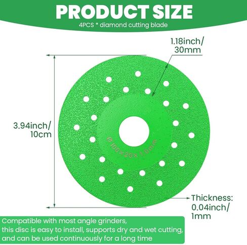 4-Pack Diamond Cutting Wheel for Angle Grinder - 10x10x0.1cm Professional Diamond Blade for Marble, Ceramic, Tile, Jade, Crystal - Wet/Dry Use, Sharp & Durable(Color:as Shown) in Kuwait