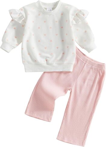 Toddler Girl Outfits Heart Print Ruffle Long Sleeve Sweatshirt and Elastic Waist Pants Set Infant Girl Spring Clothes in Saudi Arabia