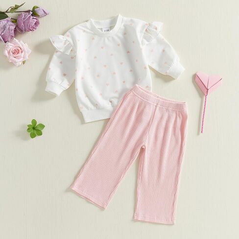 Toddler Girl Outfits Heart Print Ruffle Long Sleeve Sweatshirt and Elastic Waist Pants Set Infant Girl Spring Clothes in Saudi Arabia
