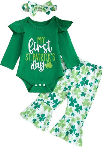 St Patricks Day Baby Girl Outfit My First Patrick'S Day Romper Clover Pants with Headband Set 0-18 Months in Saudi Arabia