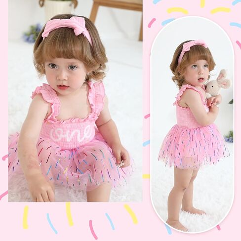 Baby Girl Sleeveless 1st Birthday Romper Dress Cake Smash Tulle Bodysuit One Year Old Strawberry Outfit with Headband in Kuwait
