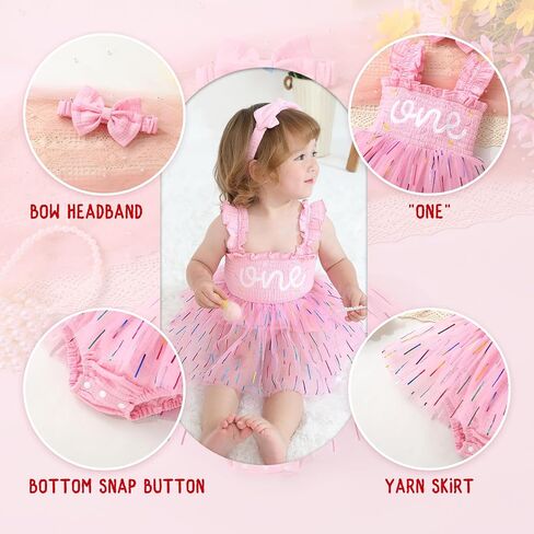 Baby Girl Sleeveless 1st Birthday Romper Dress Cake Smash Tulle Bodysuit One Year Old Strawberry Outfit with Headband in Kuwait