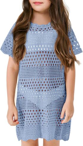 Girls Swim Cover Up Crochet Bathing Suit Cover Ups Short Sleeve Summer Beach Dress in Saudi Arabia