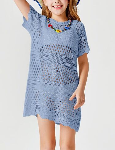 Girls Swim Cover Up Crochet Bathing Suit Cover Ups Short Sleeve Summer Beach Dress in Saudi Arabia