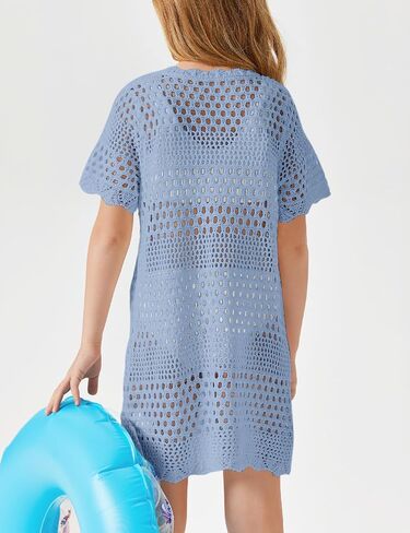 Girls Swim Cover Up Crochet Bathing Suit Cover Ups Short Sleeve Summer Beach Dress in Saudi Arabia