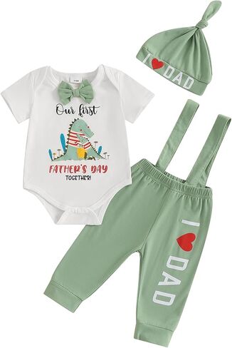 Karuedoo My 1st Father's Day Baby Boy Outfit Short Sleeve Bowtie Romper I Love Dad Suspender Pants Hat 3 Piece Clothes Set in Saudi Arabia
