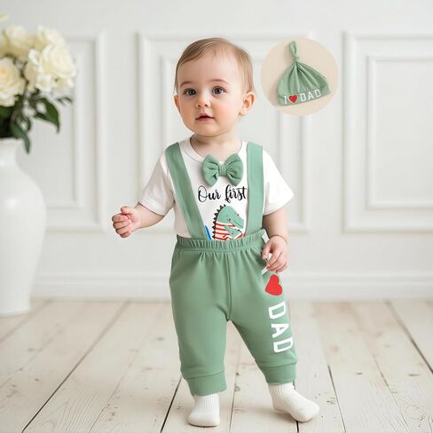 Karuedoo My 1st Father's Day Baby Boy Outfit Short Sleeve Bowtie Romper I Love Dad Suspender Pants Hat 3 Piece Clothes Set in Saudi Arabia