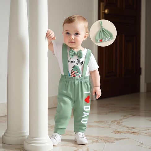 Karuedoo My 1st Father's Day Baby Boy Outfit Short Sleeve Bowtie Romper I Love Dad Suspender Pants Hat 3 Piece Clothes Set in Saudi Arabia