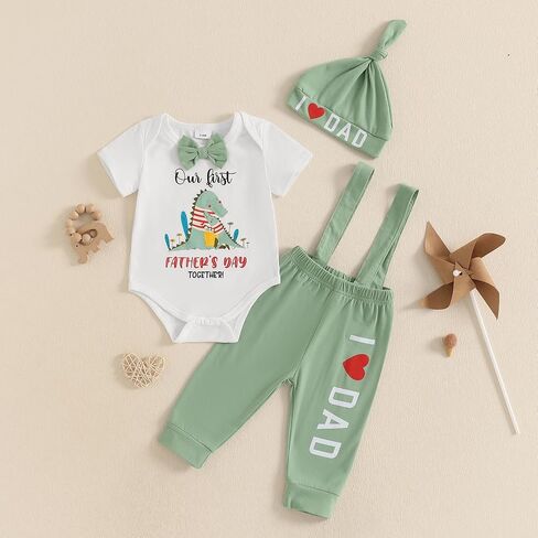 Karuedoo My 1st Father's Day Baby Boy Outfit Short Sleeve Bowtie Romper I Love Dad Suspender Pants Hat 3 Piece Clothes Set in Saudi Arabia