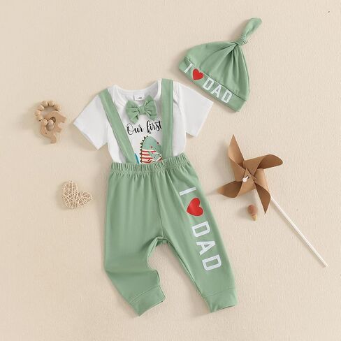 Karuedoo My 1st Father's Day Baby Boy Outfit Short Sleeve Bowtie Romper I Love Dad Suspender Pants Hat 3 Piece Clothes Set in Saudi Arabia