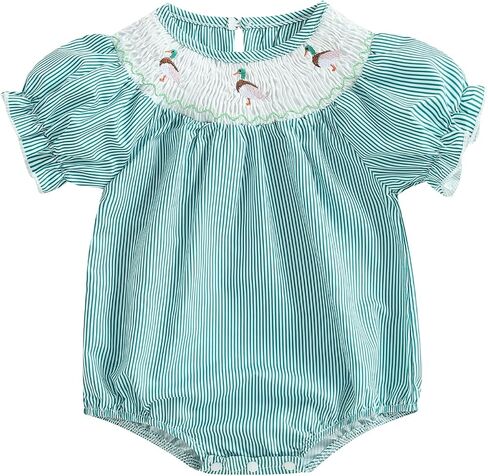 Newborn Baby Girl Hunting Clothes Embroidery Duck Romper Smocked Puff Short Sleeve Camo/Striped/Plaid Bubble Bodysuit in Saudi Arabia