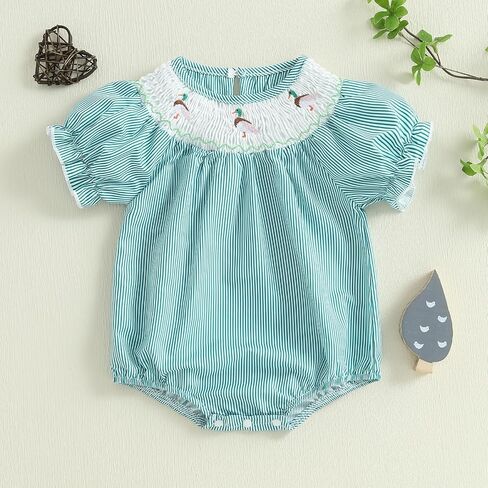 Newborn Baby Girl Hunting Clothes Embroidery Duck Romper Smocked Puff Short Sleeve Camo/Striped/Plaid Bubble Bodysuit in Saudi Arabia