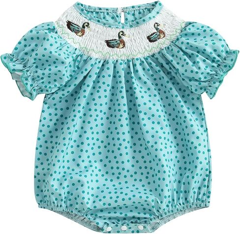 Newborn Baby Girl Hunting Clothes Embroidery Duck Romper Smocked Puff Short Sleeve Camo/Striped/Plaid Bubble Bodysuit in Kuwait