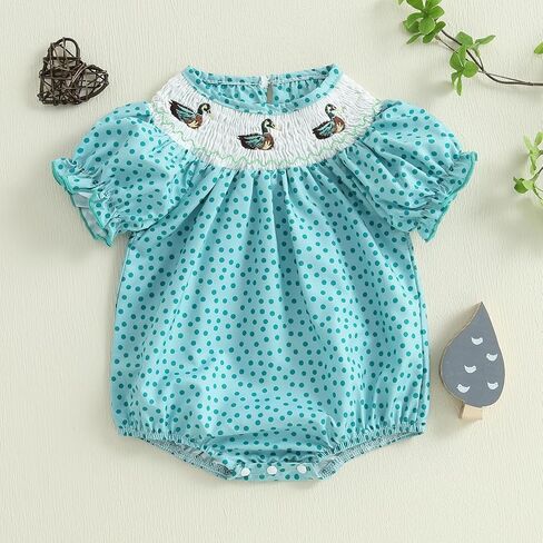 Newborn Baby Girl Hunting Clothes Embroidery Duck Romper Smocked Puff Short Sleeve Camo/Striped/Plaid Bubble Bodysuit in Kuwait