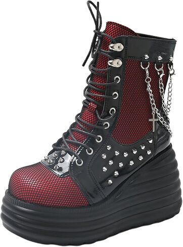 Goth Chunky Ankle Boots for Women - Bat Buckle DIY Platform,Zip Round Toe Lace Up Combat Bootie, Wedge Rave Boots Black Punk Shoes - Light Weight & Waterproof in Saudi Arabia