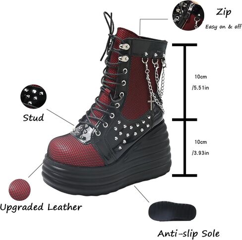 Goth Chunky Ankle Boots for Women - Bat Buckle DIY Platform,Zip Round Toe Lace Up Combat Bootie, Wedge Rave Boots Black Punk Shoes - Light Weight & Waterproof in Saudi Arabia