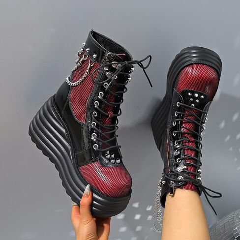 Goth Chunky Ankle Boots for Women - Bat Buckle DIY Platform,Zip Round Toe Lace Up Combat Bootie, Wedge Rave Boots Black Punk Shoes - Light Weight & Waterproof in Saudi Arabia