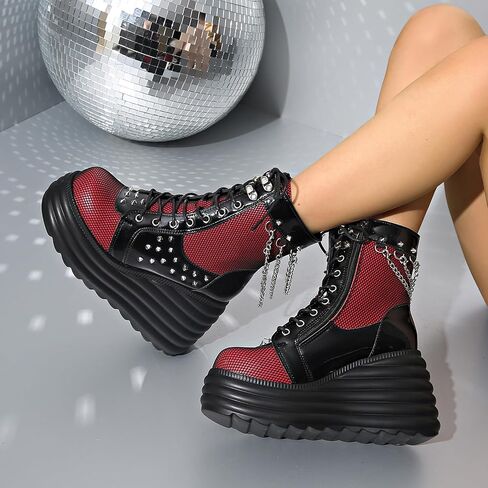 Goth Chunky Ankle Boots for Women - Bat Buckle DIY Platform,Zip Round Toe Lace Up Combat Bootie, Wedge Rave Boots Black Punk Shoes - Light Weight & Waterproof in Saudi Arabia