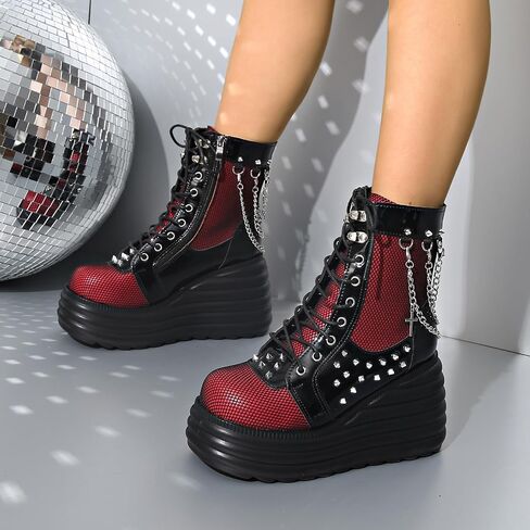 Goth Chunky Ankle Boots for Women - Bat Buckle DIY Platform,Zip Round Toe Lace Up Combat Bootie, Wedge Rave Boots Black Punk Shoes - Light Weight & Waterproof in Saudi Arabia