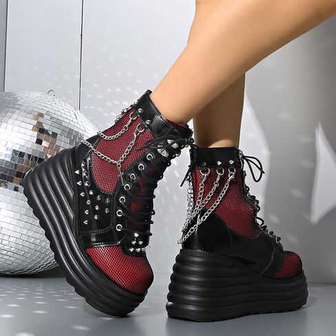 Goth Chunky Ankle Boots for Women - Bat Buckle DIY Platform,Zip Round Toe Lace Up Combat Bootie, Wedge Rave Boots Black Punk Shoes - Light Weight & Waterproof in Saudi Arabia