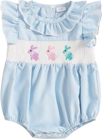 My First Easter Baby Girl Outfit Ruffles Bunny Embroidery Dot Print Smocked Romper Sleeveless One Piece Jumpsuit in Saudi Arabia