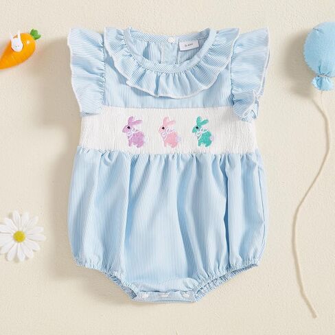 My First Easter Baby Girl Outfit Ruffles Bunny Embroidery Dot Print Smocked Romper Sleeveless One Piece Jumpsuit in Saudi Arabia