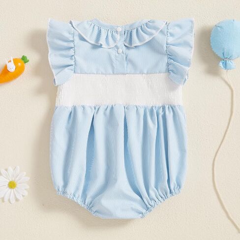 My First Easter Baby Girl Outfit Ruffles Bunny Embroidery Dot Print Smocked Romper Sleeveless One Piece Jumpsuit in Saudi Arabia