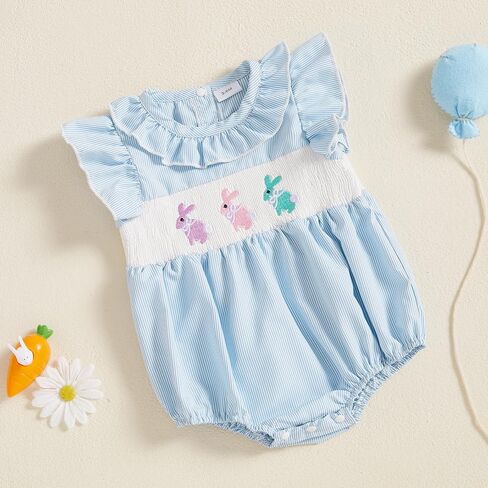 My First Easter Baby Girl Outfit Ruffles Bunny Embroidery Dot Print Smocked Romper Sleeveless One Piece Jumpsuit in Saudi Arabia