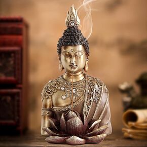Buddha Statue with Lotus Incense Holder, Buddha Statues for Meditation Zen Spiritual Room feng Shui Yoga Home Decor Accents, Gold Buddah Buda Budda,Shelf Bookshelf Table Decoration
