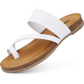 TEMOFON Women Summer Flip Flops: Walking Comfortable Cork - Slide Arch Support Leather Sandals - White Dressy Thong Sandals Size 9