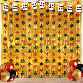 2 Pack Casino Theme Party Decorations Black and Red Poker Night Backdrop Foil Fringe Curtains Gold Metallic Tinsel Streamers 3.3 x 6.6 ft for Las Vegas Birthday Party Favors Supplies