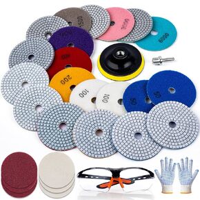 4 Inch Diamond Polishing Pads, 20 Pack Granite Polishing Pads Kit with 5/8''-11 Backer Pad, 50-6000 Grit Wet/Dry Polishing Pads for Marble, Quartz, Stone, Tile, Concrete with Wool Felt Pads