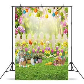 Dudaacvt 5x7ft Easter Backdrop Spring Easter Floral Backdrop Colorful Eggs Fence Grass Background Easter Party Backdrop Banner D623