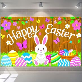 Happy Easter Decorations Banner Bunny Backdrop Colorful Cartoon Easter Egg and Floral Rabbit Spring Photography Background Backdrop Poster for Kid Bunny Photo Booth Props 71x43 Inch
