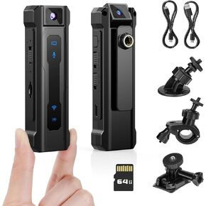 1080P HD Action Camera with Audio and Video Recording, Portable Mini Body Camera with 64GB Memory Card and Night Vision, Wearable Body Worn Cam with Riding Installation Tool for Security, Daily Record