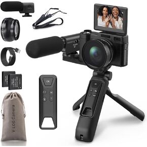 4K Digital Camera with Creator Kits Vlogging Camera with Remote Control Autofocus Video Camera for Photography with Flip Screen, Microphone, Tripod Grip, Wide-Angle & Macro Lens, Batteries