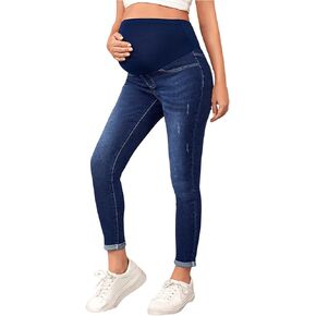 SHENHE Women's Maternity Jeans Ripped High Waisted Half Over Belly Stretch Pregnancy Denim Pencil Pants