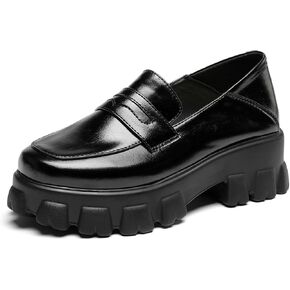Caradise Women's Patent Leather Loafers Block Heel Slip On Casual Shoes
