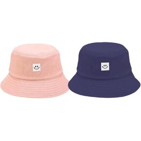 Kids Sun Hat Smile Face Bucket Hat for Girls Boys Summer Sun Protection Cotton Unisex Beach Cap Pink and Navy