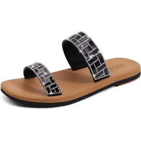 ONCAI Rhinestones Slide Sandals for Women with Glittery Trendy Square Open Toe Summer Flat Sparkly Dressy Sandals with Slip-on Rubber Soles